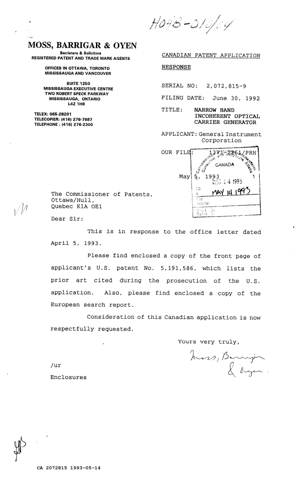 Canadian Patent Document 2072815. Prosecution Correspondence 19930514. Image 1 of 3