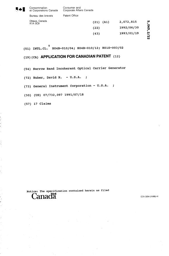 Canadian Patent Document 2072815. Cover Page 19940331. Image 1 of 1