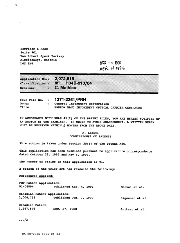 Canadian Patent Document 2072815. Examiner Requisition 19960404. Image 1 of 2