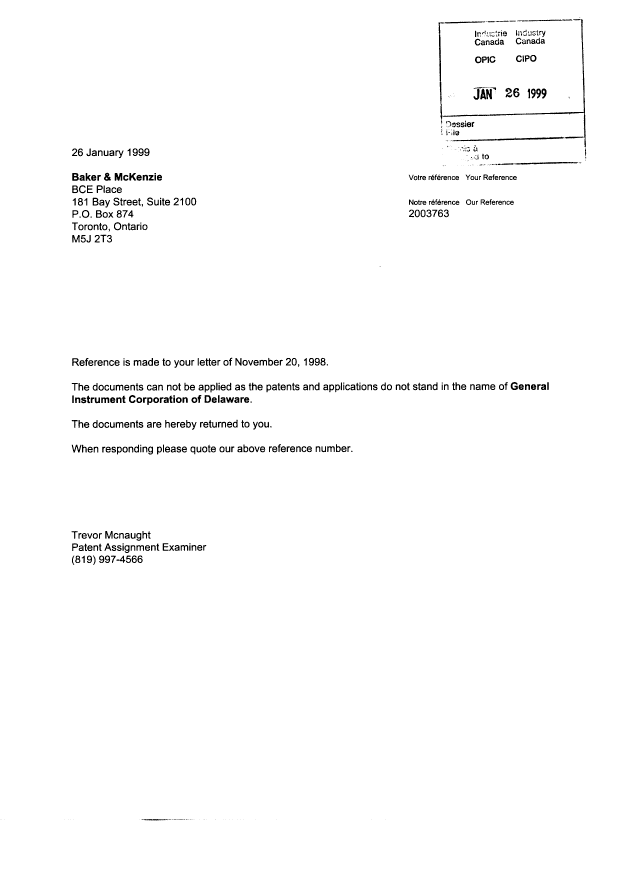 Canadian Patent Document 2072815. Correspondence 19990126. Image 1 of 1