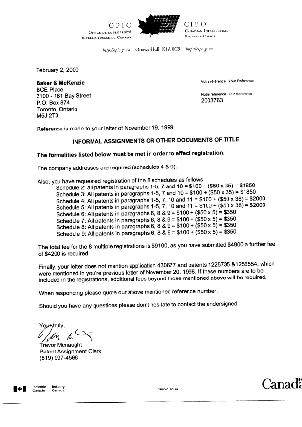 Canadian Patent Document 2072815. Correspondence 20000202. Image 1 of 1