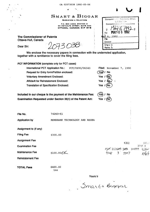 Document de brevet canadien 2073038. Taxes 19920506. Image 1 de 2