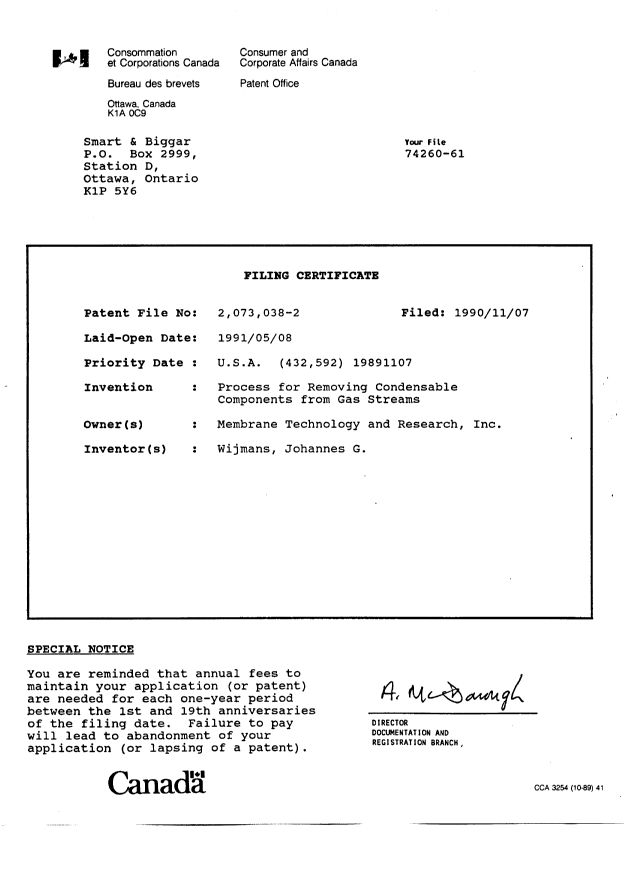 Document de brevet canadien 2073038. Cession 19920506. Image 8 de 8