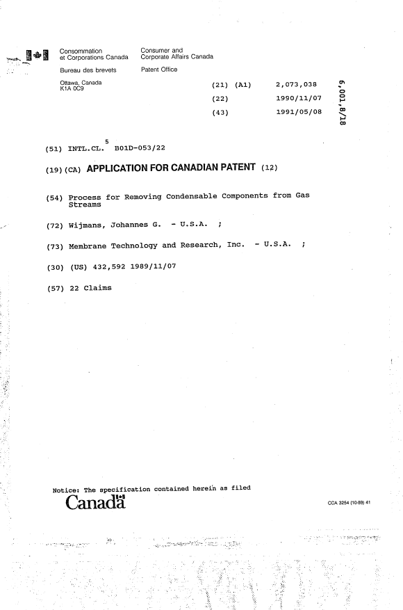 Canadian Patent Document 2073038. Cover Page 19940331. Image 1 of 1