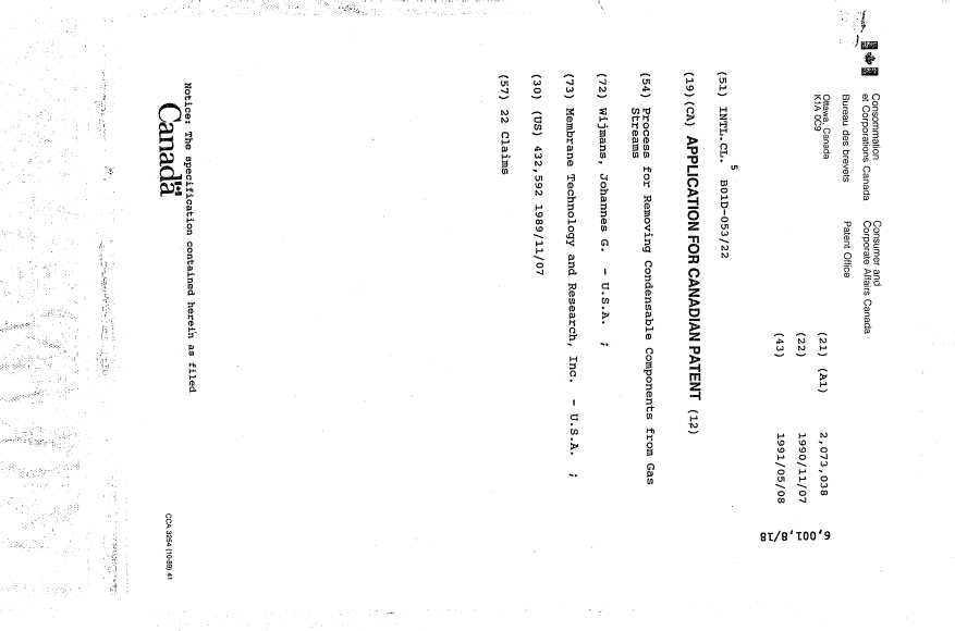 Document de brevet canadien 2073038. Page couverture 19940331. Image 1 de 1