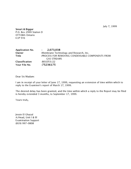 Document de brevet canadien 2073038. Correspondance 19990707. Image 1 de 1