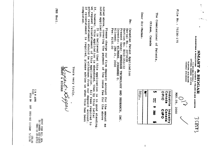 Document de brevet canadien 2073038. Correspondance 20000509. Image 1 de 2