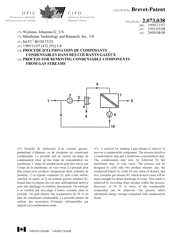 Document de brevet canadien 2073038. Page couverture 20000726. Image 1 de 1