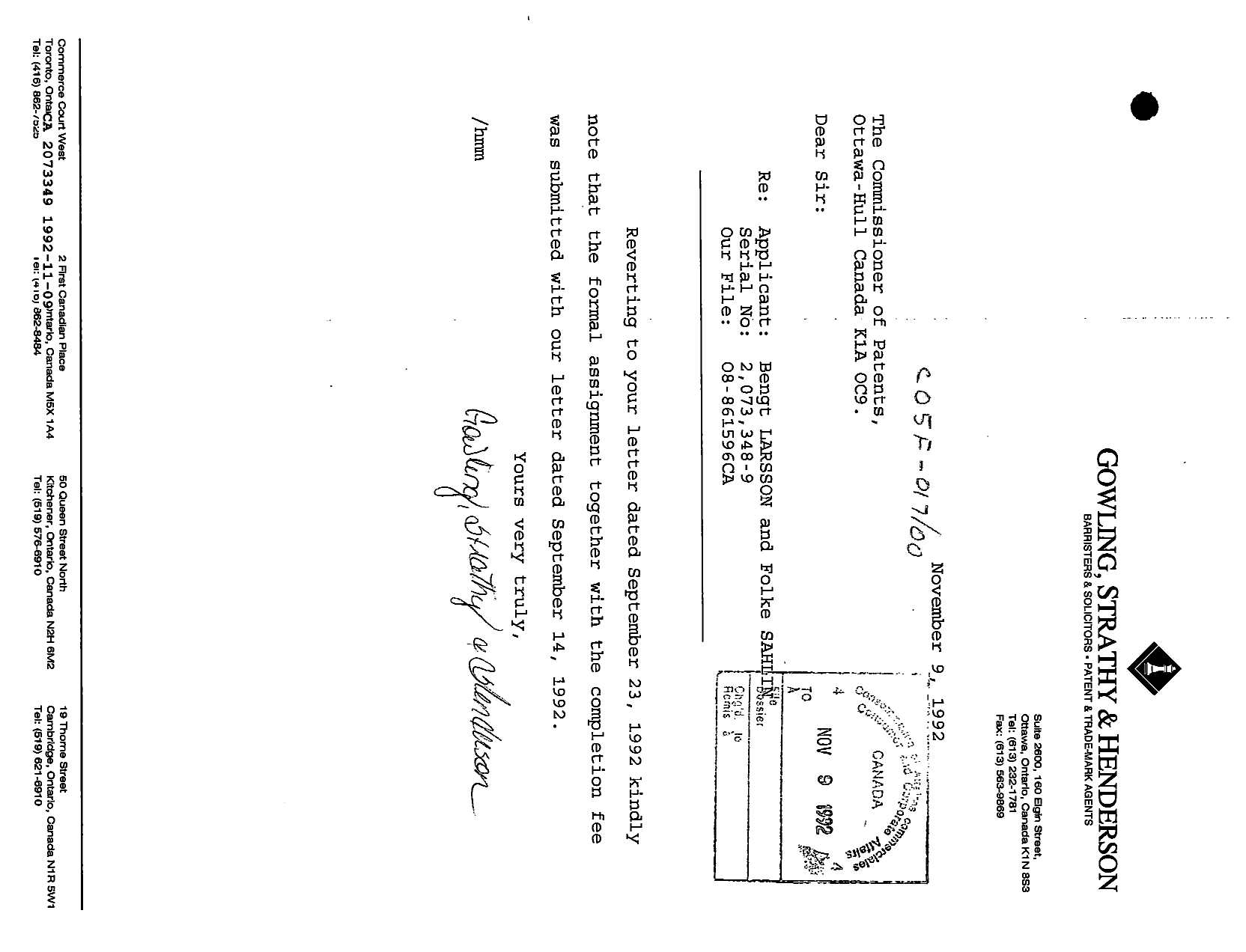 Canadian Patent Document 2073349. PCT Correspondence 19921109. Image 1 of 1