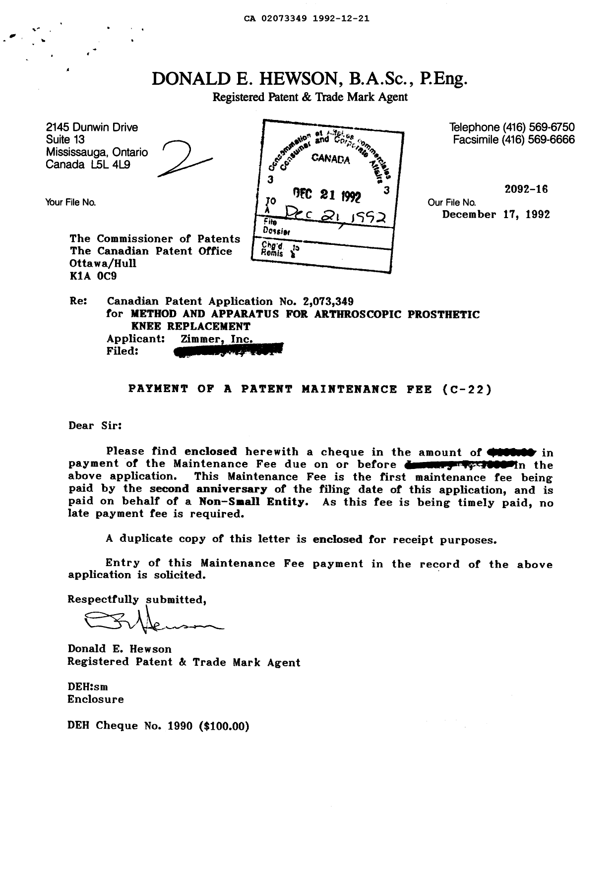 Document de brevet canadien 2073349. Taxes 19921221. Image 1 de 1