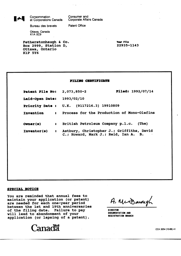 Document de brevet canadien 2073850. Cession 19920714. Image 7 de 7