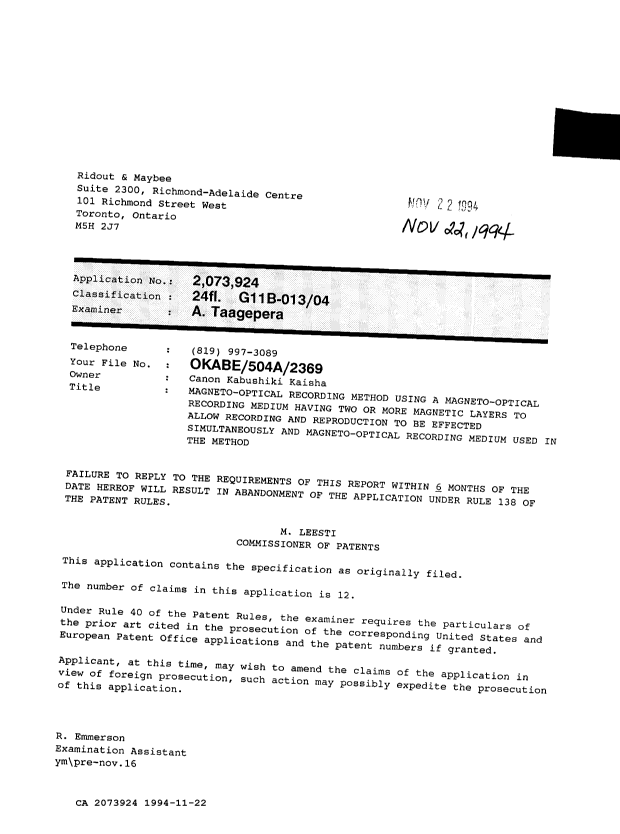 Canadian Patent Document 2073924. Examiner Requisition 19941122. Image 1 of 1