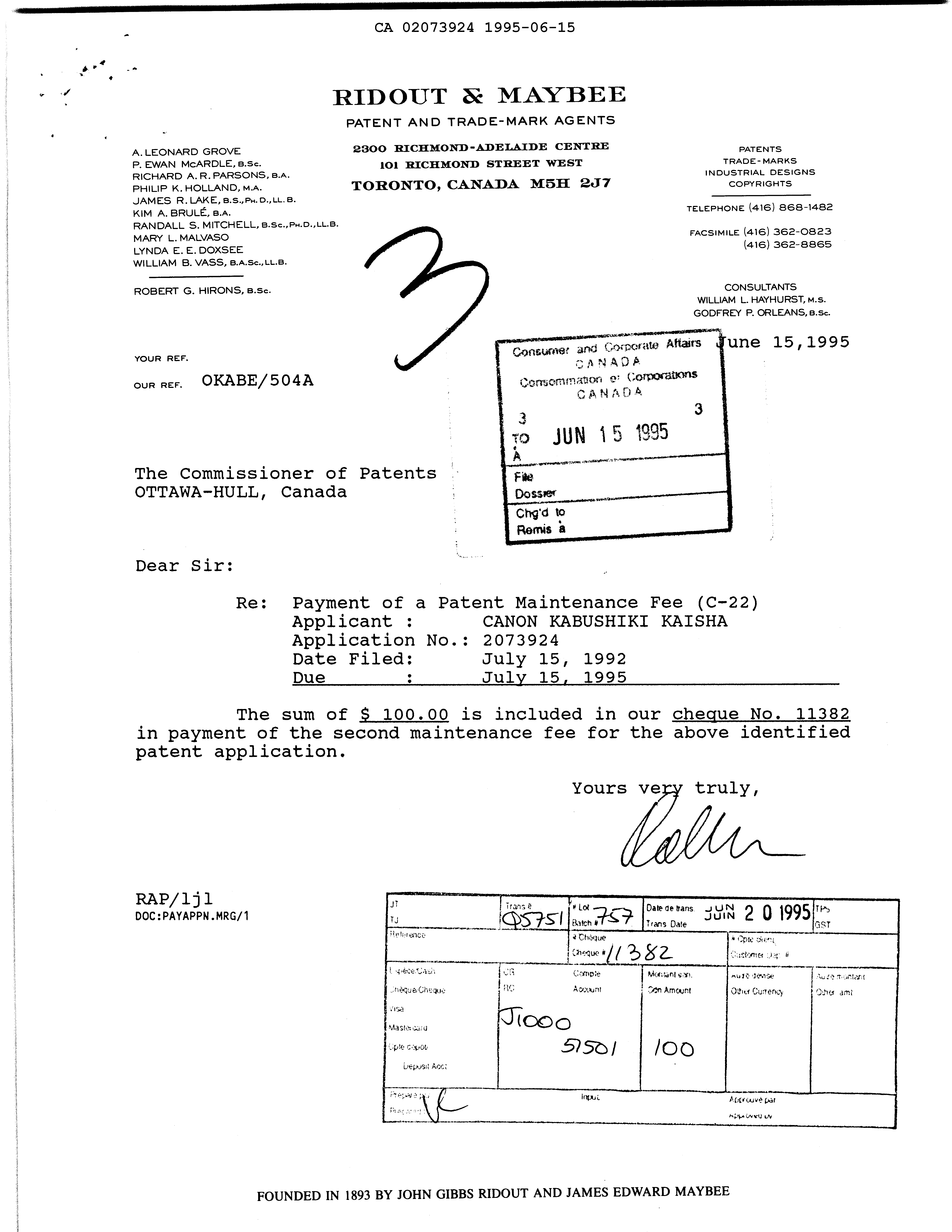 Canadian Patent Document 2073924. Fees 19950615. Image 1 of 1