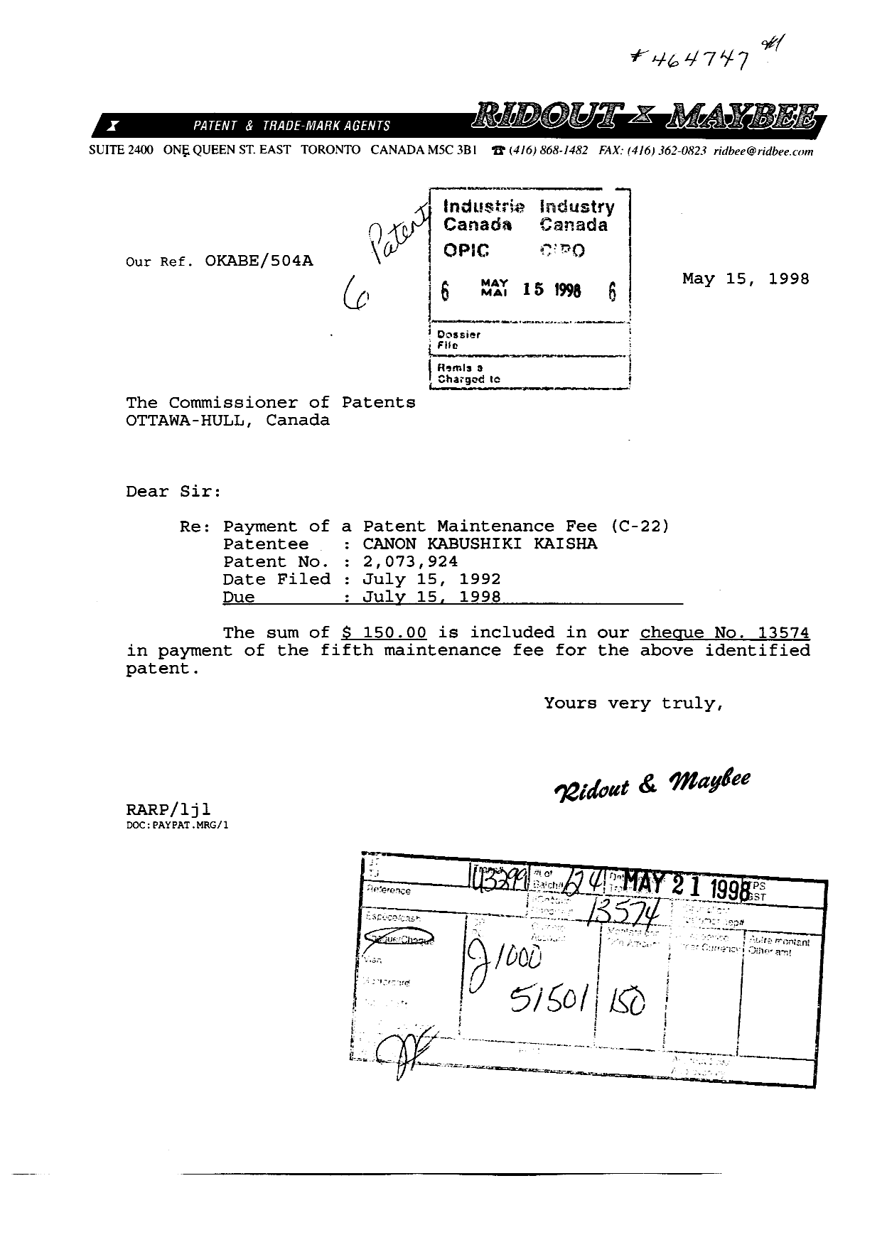 Document de brevet canadien 2073924. Taxes 19980515. Image 1 de 1