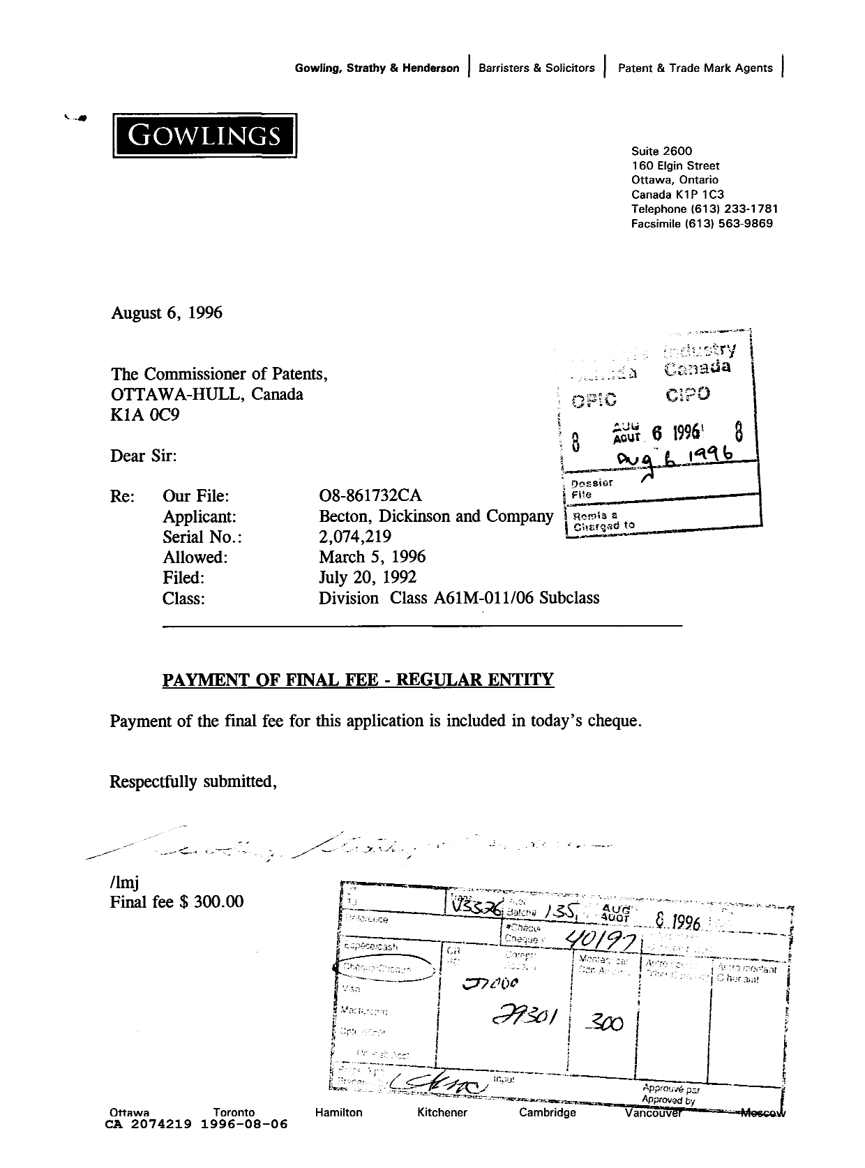 Document de brevet canadien 2074219. Correspondance reliée au PCT 19960806. Image 1 de 1