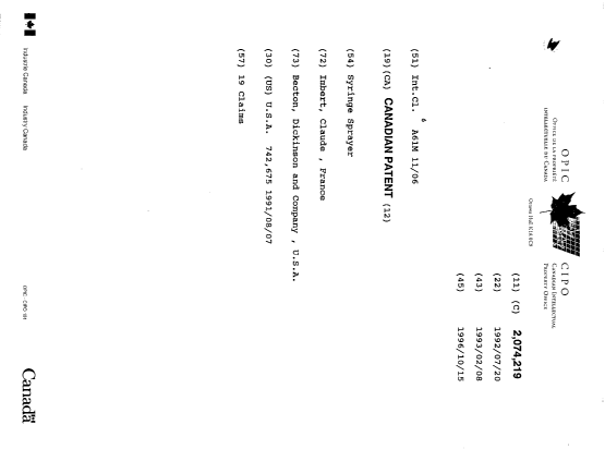 Document de brevet canadien 2074219. Page couverture 19961015. Image 1 de 1