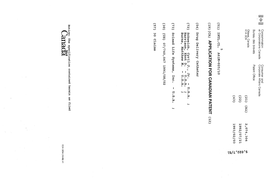 Document de brevet canadien 2074304. Page couverture 19940409. Image 1 de 1