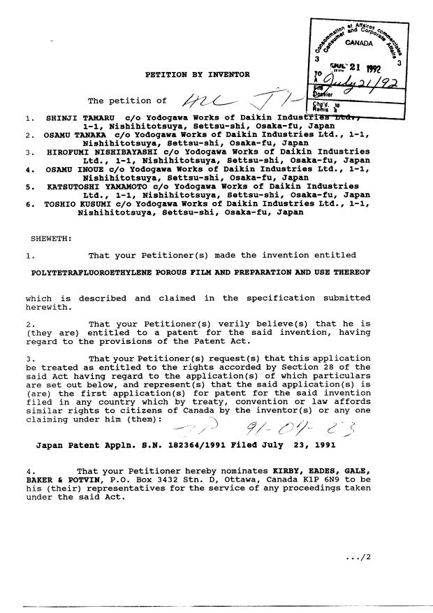 Document de brevet canadien 2074349. Cession 19920721. Image 2 de 7