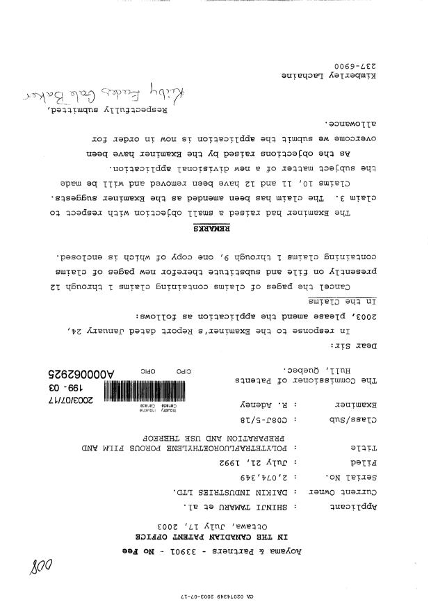 Canadian Patent Document 2074349. Prosecution-Amendment 20030717. Image 1 of 4