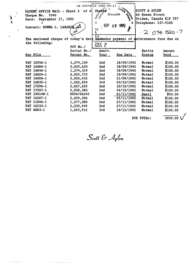Document de brevet canadien 2074520. Taxes 19920917. Image 1 de 1
