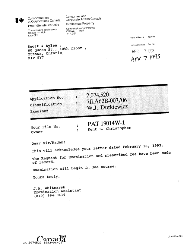 Document de brevet canadien 2074520. Lettre du bureau 19930407. Image 1 de 1