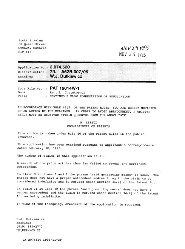 Canadian Patent Document 2074520. Examiner Requisition 19931129. Image 1 of 1
