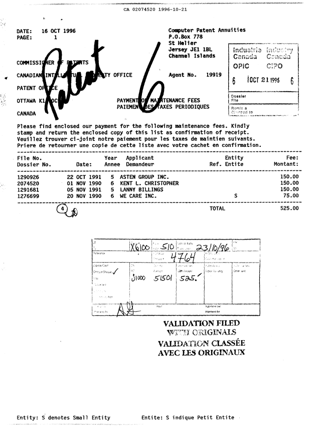 Canadian Patent Document 2074520. Fees 19961021. Image 1 of 1