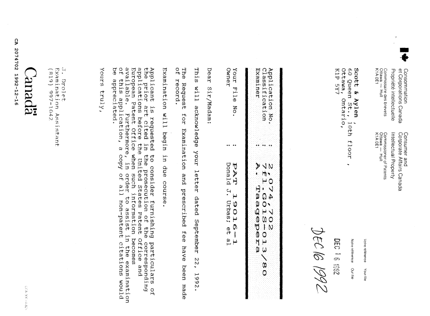Document de brevet canadien 2074702. Lettre du bureau 19921216. Image 1 de 1