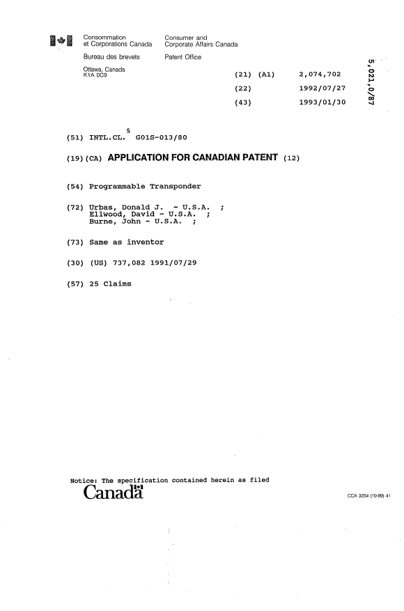 Canadian Patent Document 2074702. Cover Page 19940416. Image 1 of 1