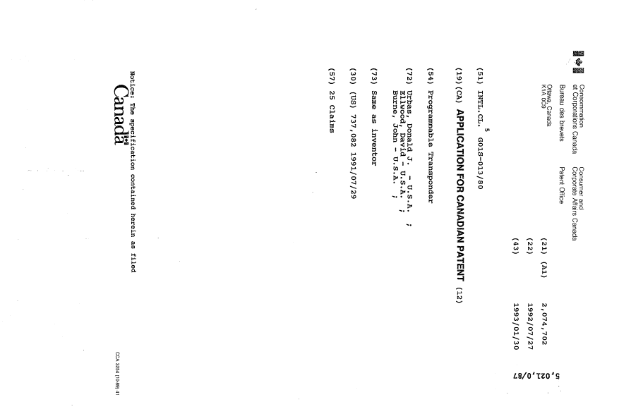 Document de brevet canadien 2074702. Page couverture 19940416. Image 1 de 1
