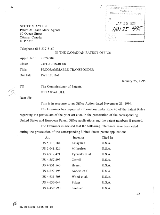 Canadian Patent Document 2074702. Prosecution Correspondence 19950125. Image 1 of 2