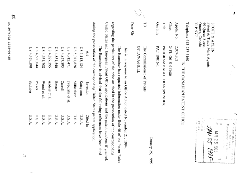 Document de brevet canadien 2074702. Correspondance de la poursuite 19950125. Image 1 de 2