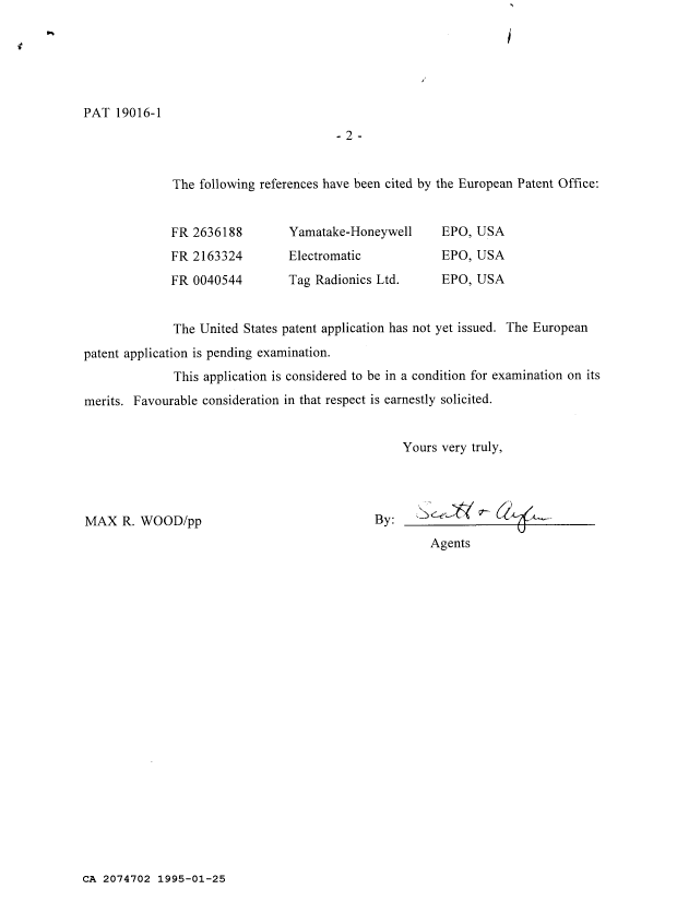 Document de brevet canadien 2074702. Correspondance de la poursuite 19950125. Image 2 de 2