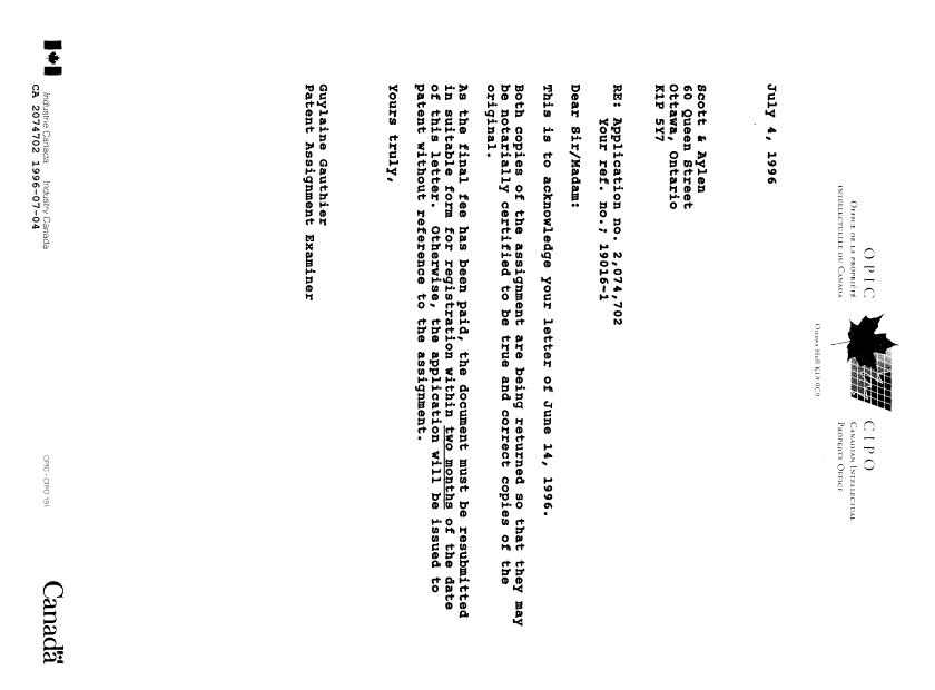 Document de brevet canadien 2074702. Lettre du bureau 19960704. Image 1 de 1