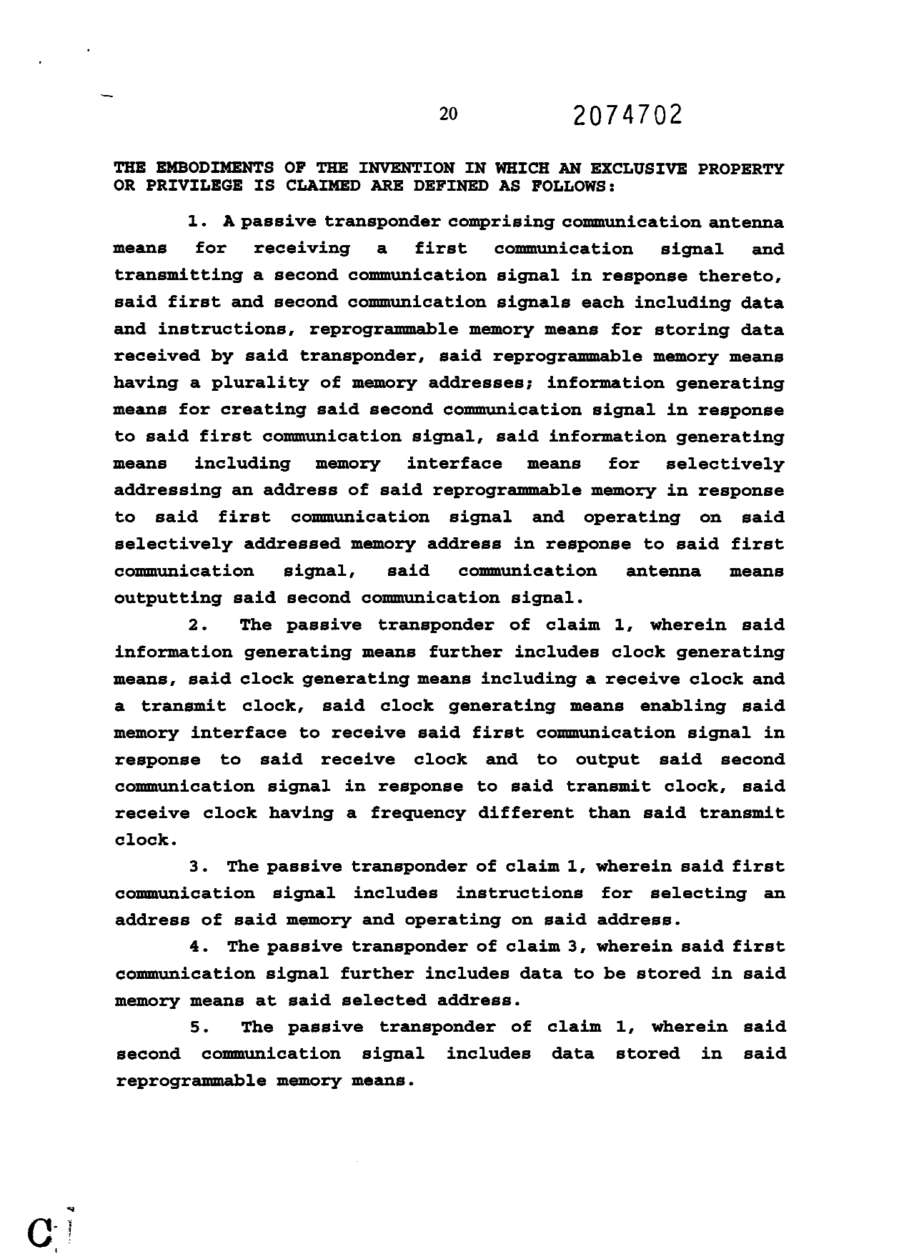Document de brevet canadien 2074702. Revendications 19961119. Image 1 de 2