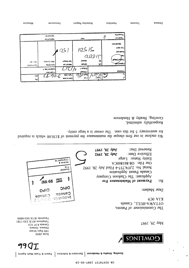 Canadian Patent Document 2074737. Fees 19970529. Image 1 of 1