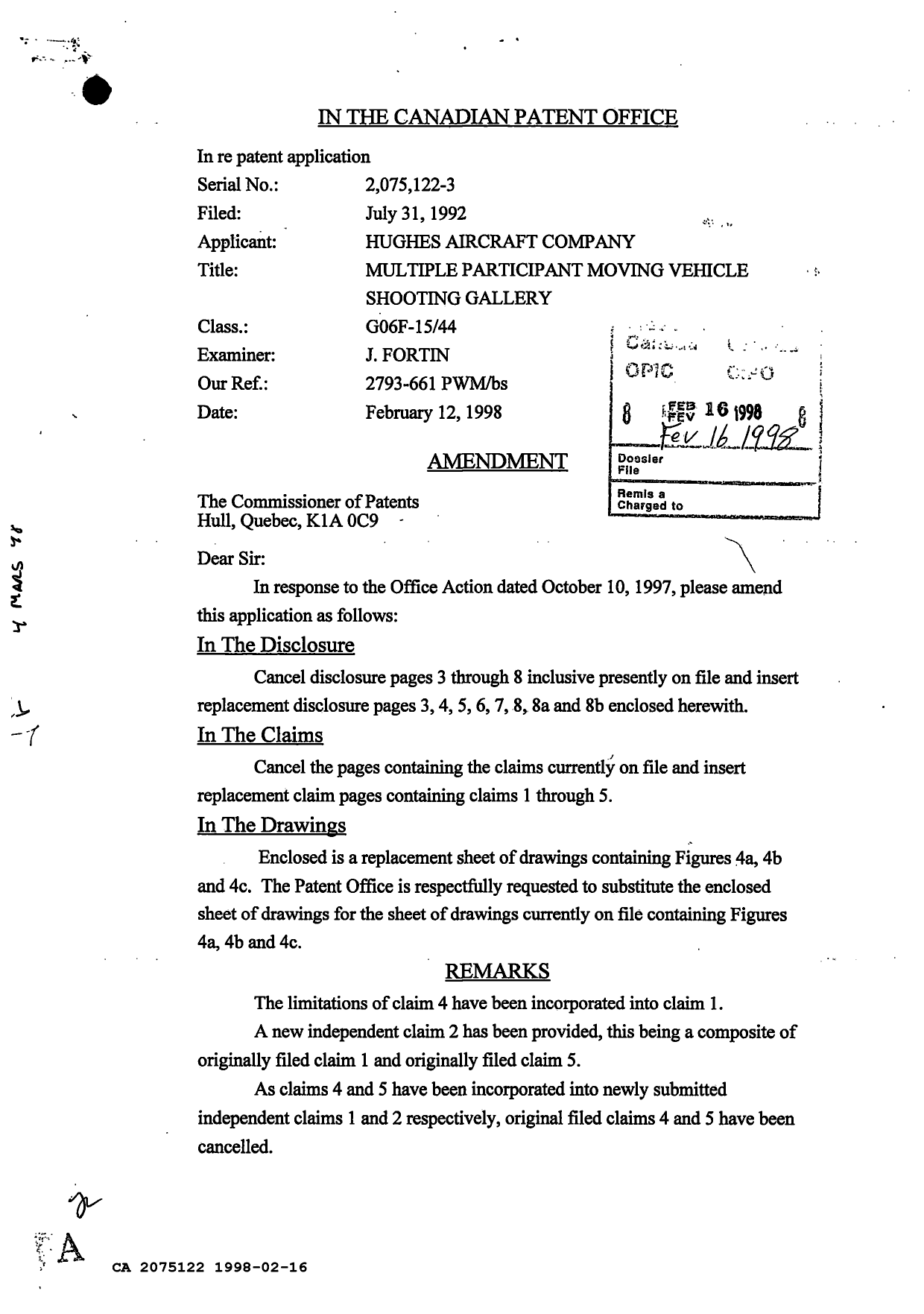Document de brevet canadien 2075122. Correspondance de la poursuite 19980216. Image 1 de 3