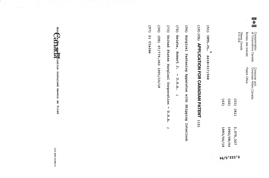Document de brevet canadien 2075227. Page couverture 19921214. Image 1 de 1
