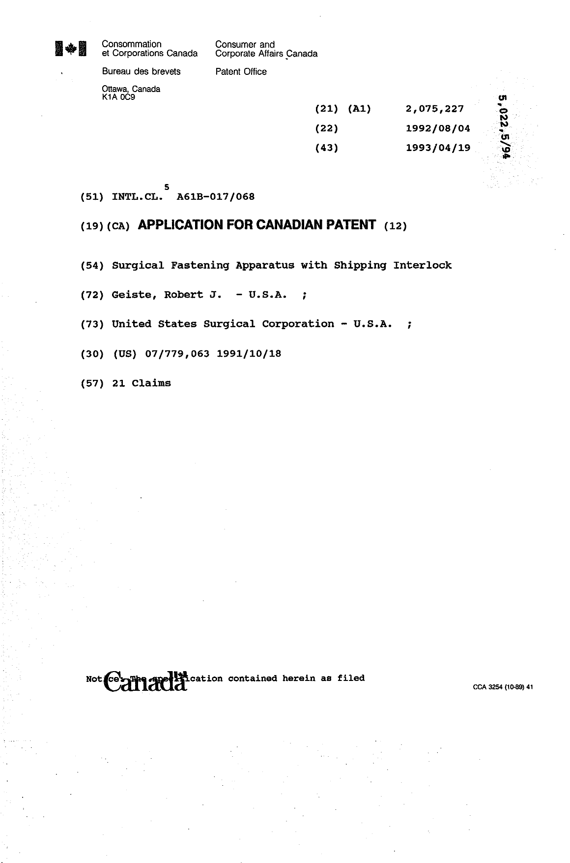 Canadian Patent Document 2075227. Cover Page 19921214. Image 1 of 1