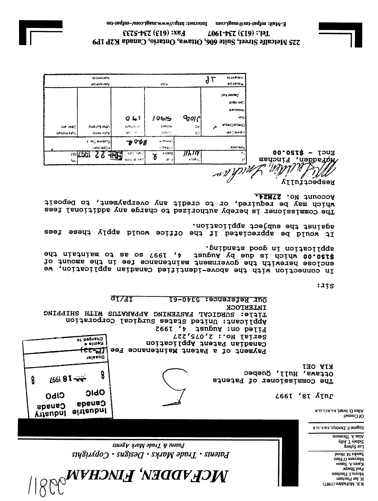 Canadian Patent Document 2075227. Fees 19961218. Image 1 of 1