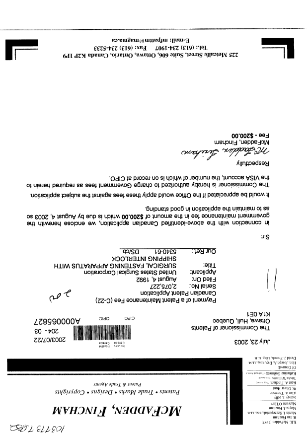 Document de brevet canadien 2075227. Taxes 20021222. Image 1 de 1