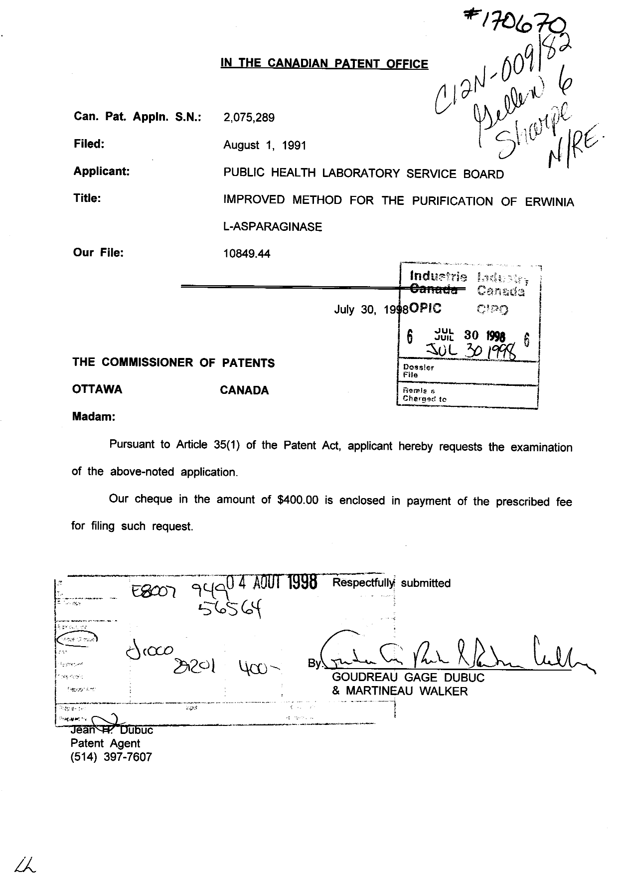 Document de brevet canadien 2075289. Poursuite-Amendment 19980730. Image 1 de 1