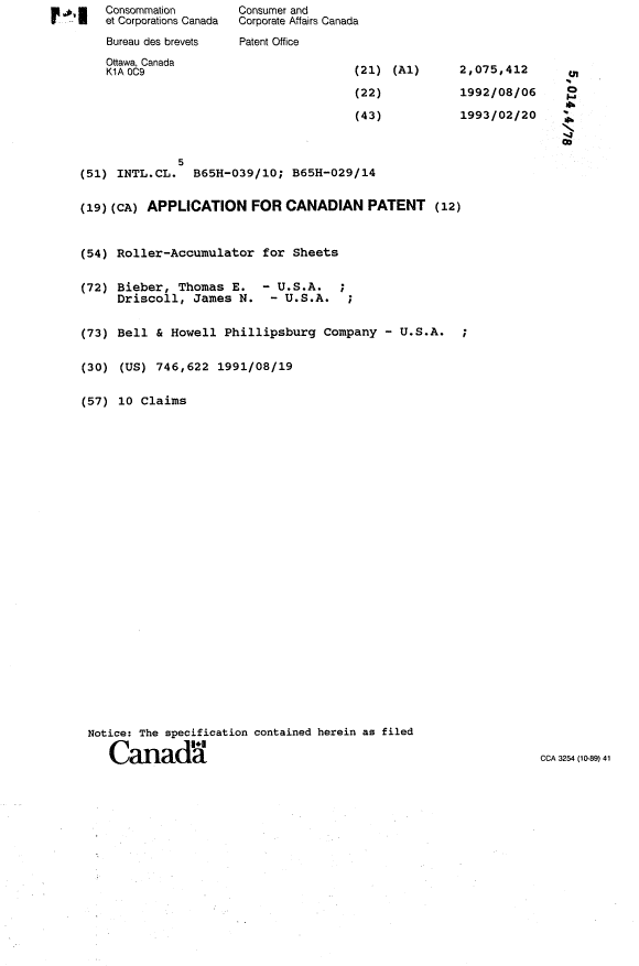 Canadian Patent Document 2075412. Cover Page 19931204. Image 1 of 1