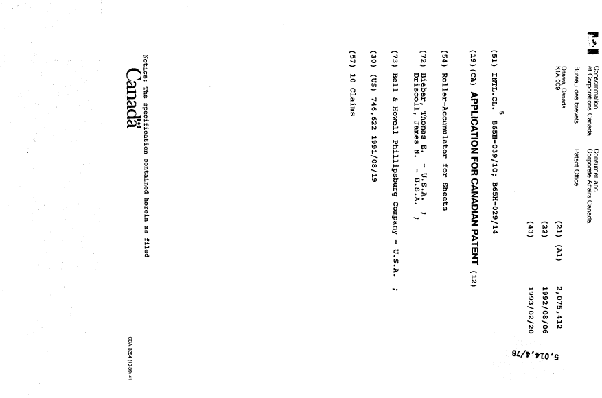 Document de brevet canadien 2075412. Page couverture 19931204. Image 1 de 1