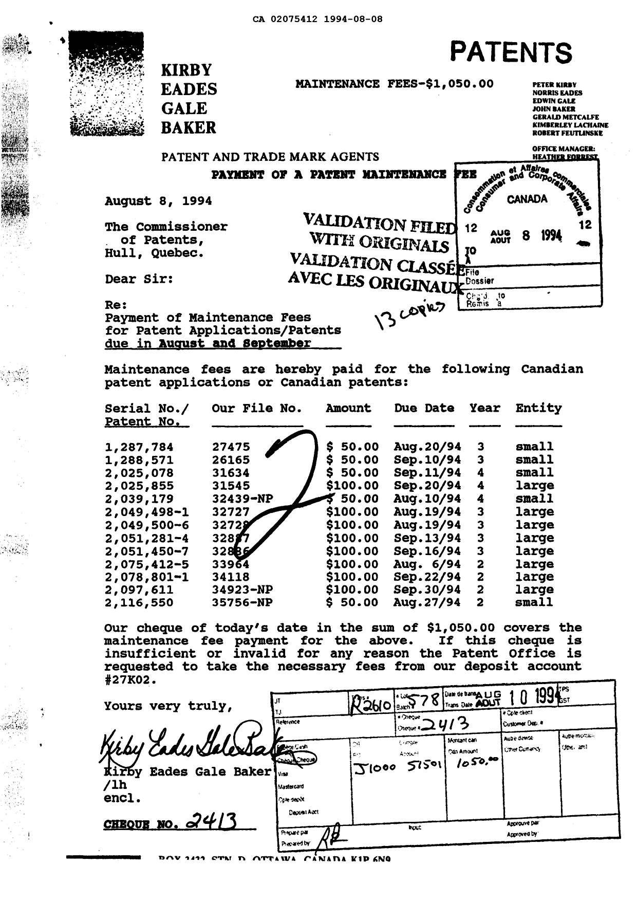 Document de brevet canadien 2075412. Taxes 19940808. Image 1 de 1
