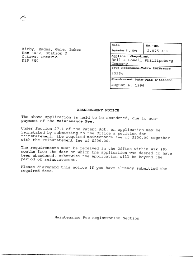 Canadian Patent Document 2075412. Fees 19960911. Image 1 of 2