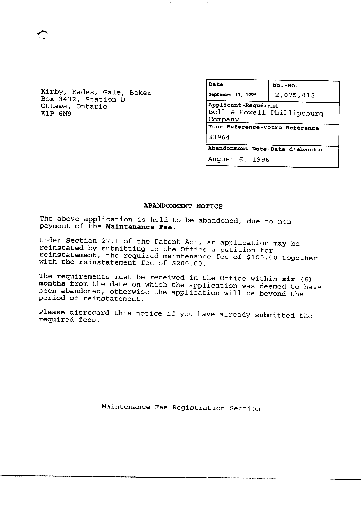 Document de brevet canadien 2075412. Taxes 19960911. Image 1 de 2