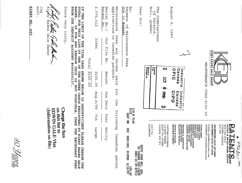 Document de brevet canadien 2075412. Taxes 19990806. Image 1 de 1