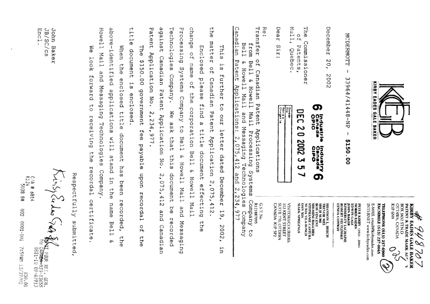 Document de brevet canadien 2075412. Cession 20021220. Image 1 de 4
