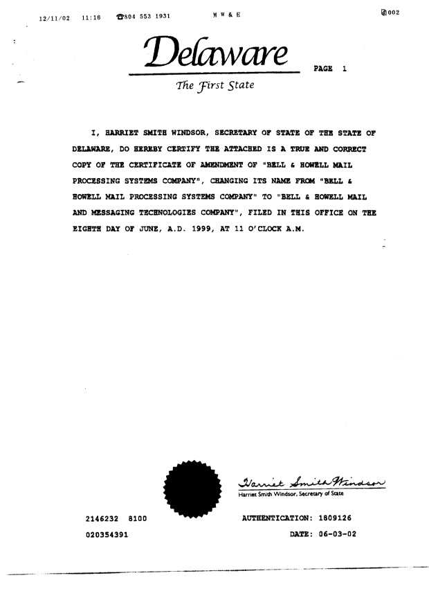 Document de brevet canadien 2075412. Cession 20021220. Image 2 de 4